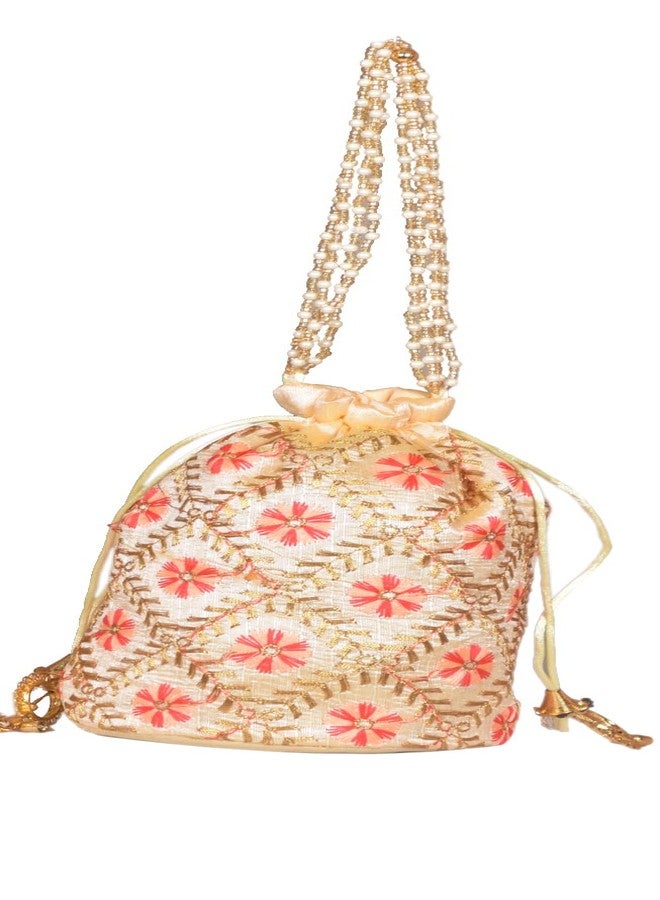 SuneshCreation Traditional Potli Bag, Embroidered with Beads and Sequins, Golden With Multicolour Motifs, Gold Drawstring, Wedding Party Festive Clutch (beidge) - Image 1